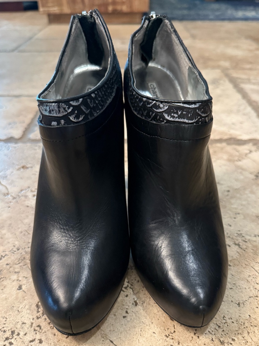 Women’s Charles David Black Leather Ankle Booties with Metallic Trim